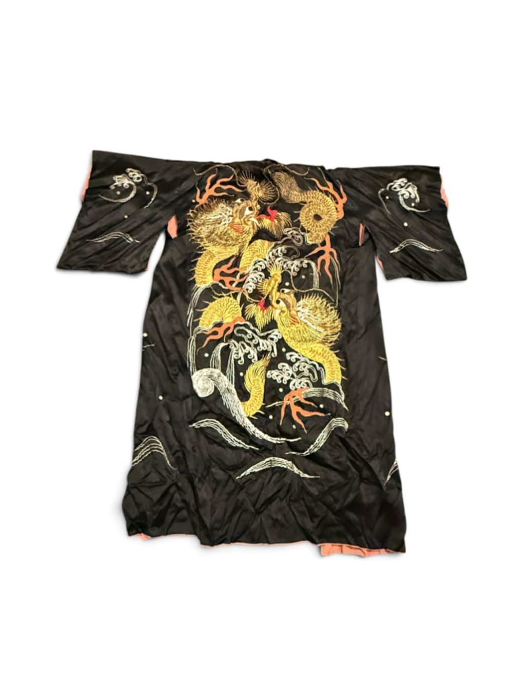 Vintage Japanese Souvenir Kimono Robe Double Dragon Embroidered Satin Black 41” - Picture 3 of 11